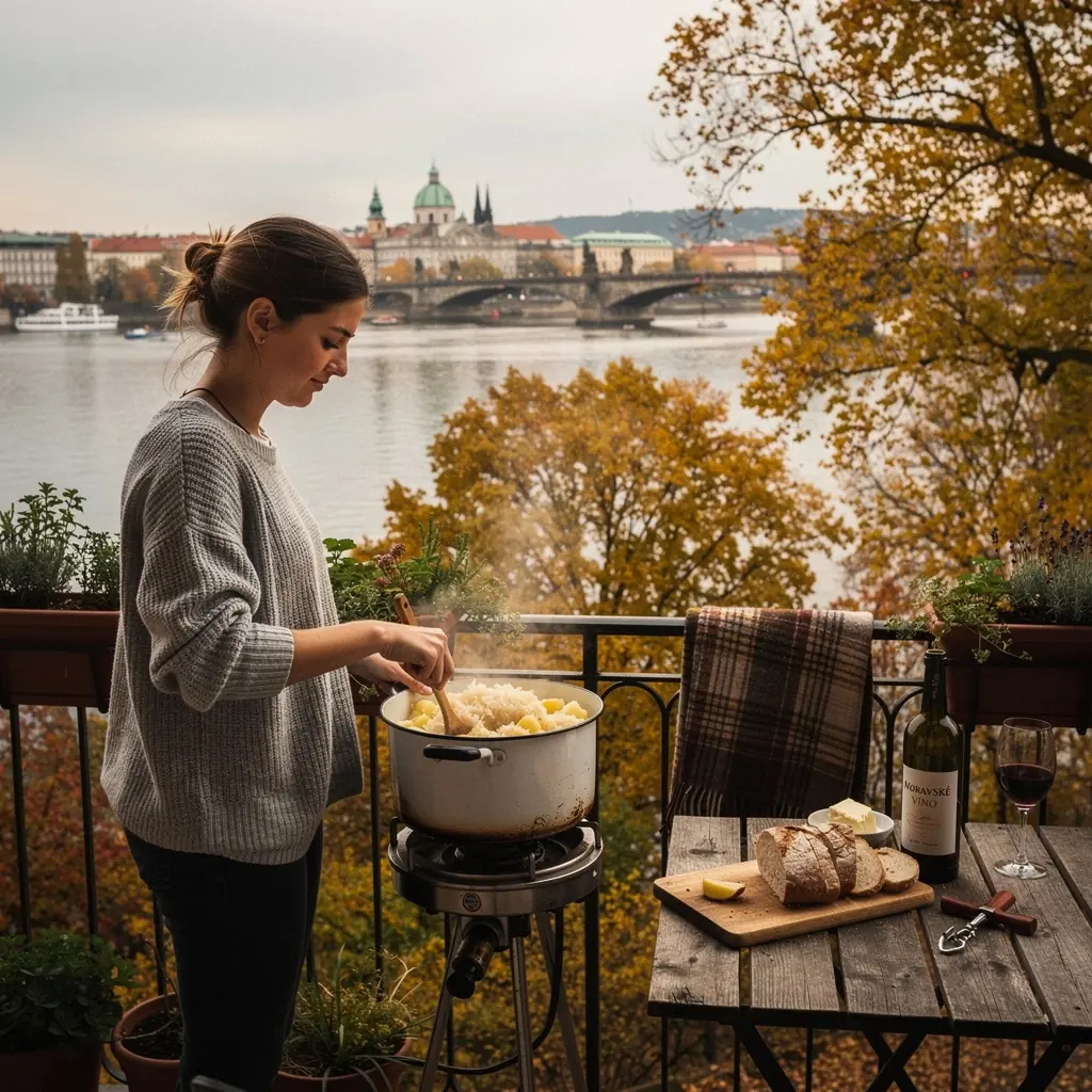 Sytý guláš vařený v jednom hrnci, podávaný s čerstvým chlebem.